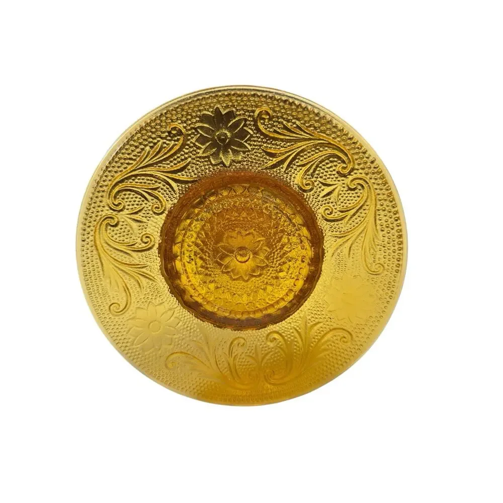 Vintage Amber Pressed Glass Candlestick Holder Floral Base Glass Prism Top